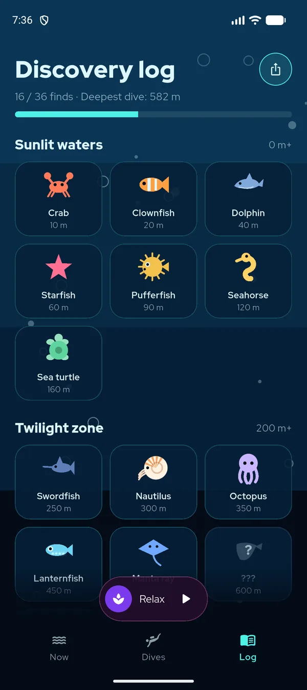 Discovery log with sea creatures